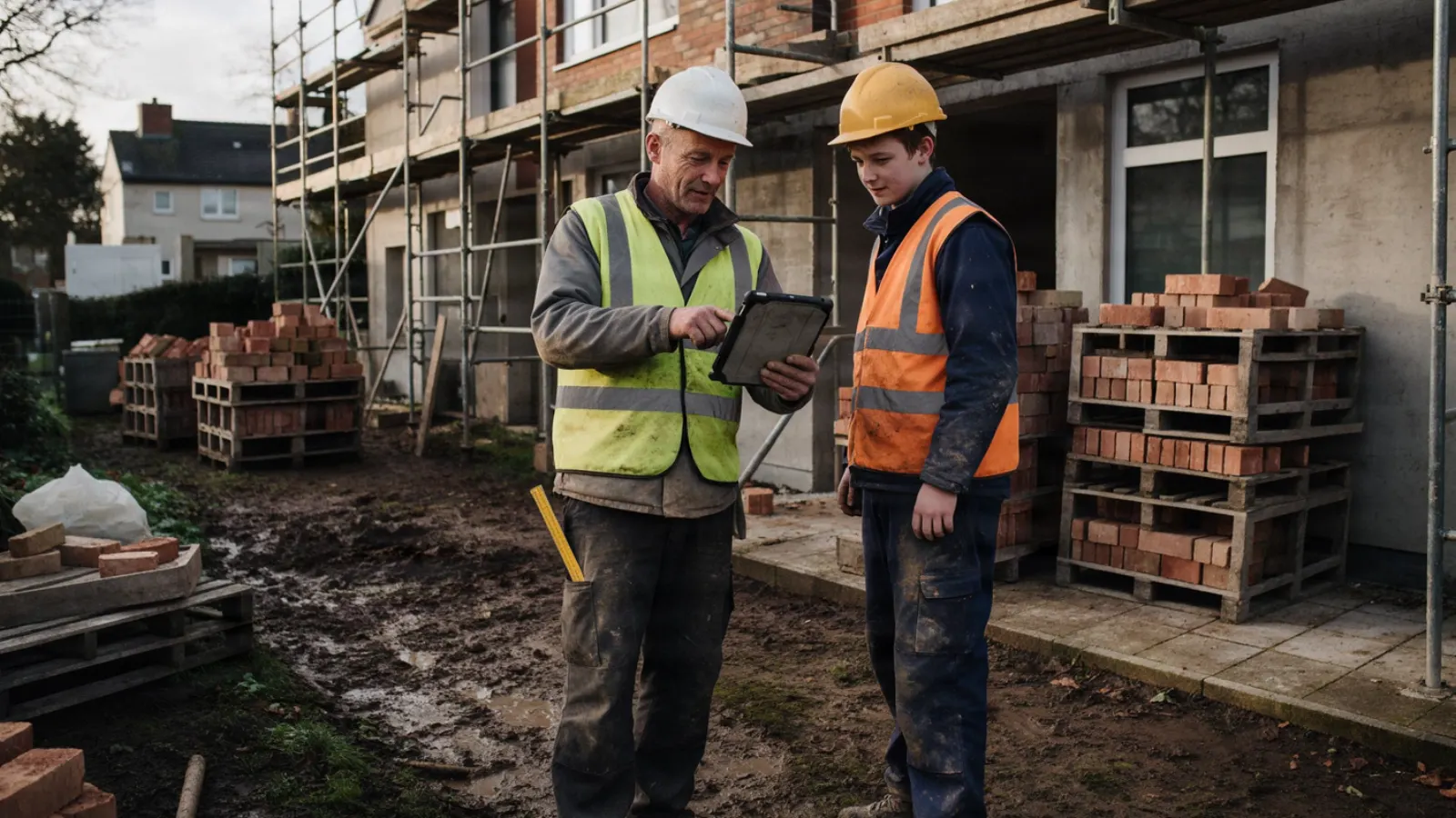 Ein Polier in Warnweste zeigt einem Lehrling auf der Baustelle etwas auf dem Tablet, dahinter Gerüst und Ziegelpaletten.