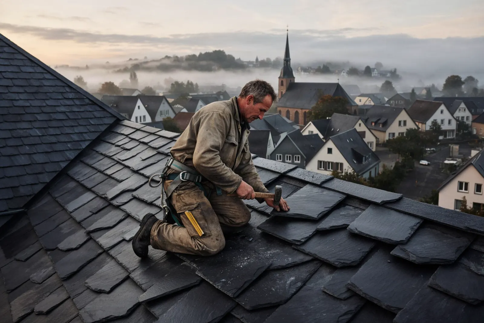 Ein Dachdecker kniet im Morgennebel auf einem Schieferdach und richtet mit dem Hammer eine Platte, unten liegt die Kleinstadt mit Kirchturm.