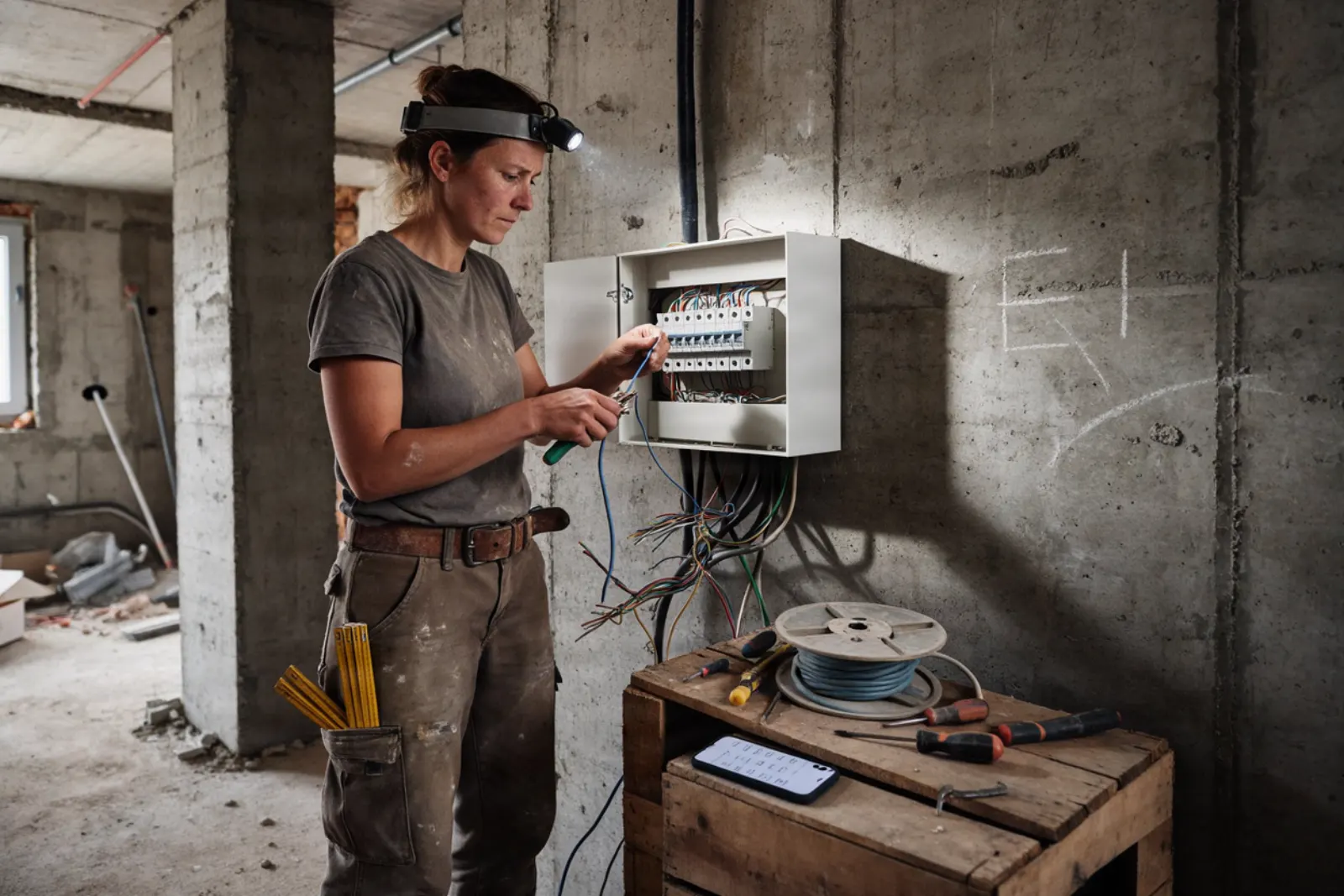 Eine Elektrikerin mit Stirnlampe verdrahtet im Rohbau-Keller eine neue Unterverteilung, daneben Kabeltrommel und Handy auf einer Kiste.