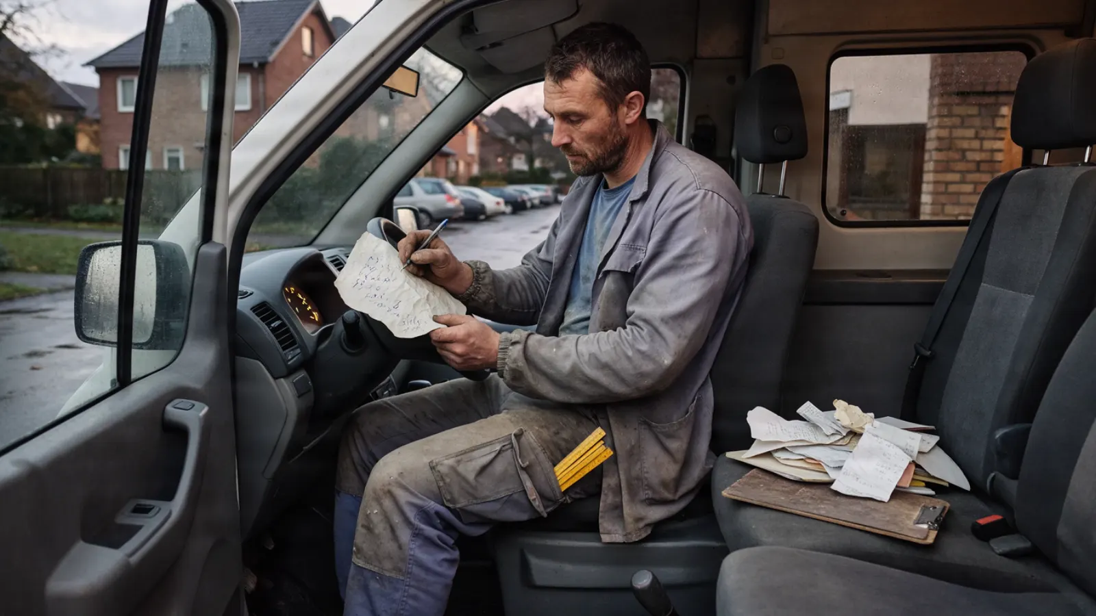 Ein Handwerker sitzt in der Dämmerung im Transporter und schreibt auf einen zerknitterten Lieferschein, auf dem Beifahrersitz liegen Zettel und Klemmbrett.