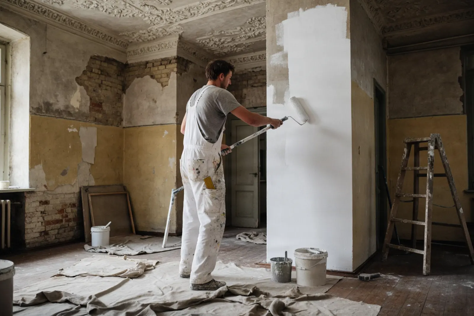Ein Maler im weißen Overall rollt in einem Altbauzimmer mit Stuckdecke frische Farbe auf eine halb fertige Wand.