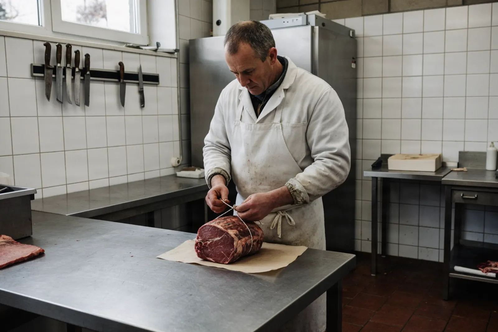Ein Metzgermeister im weißen Kittel bindet in der gefliesten Wurstküche einen Braten am Edelstahltisch.