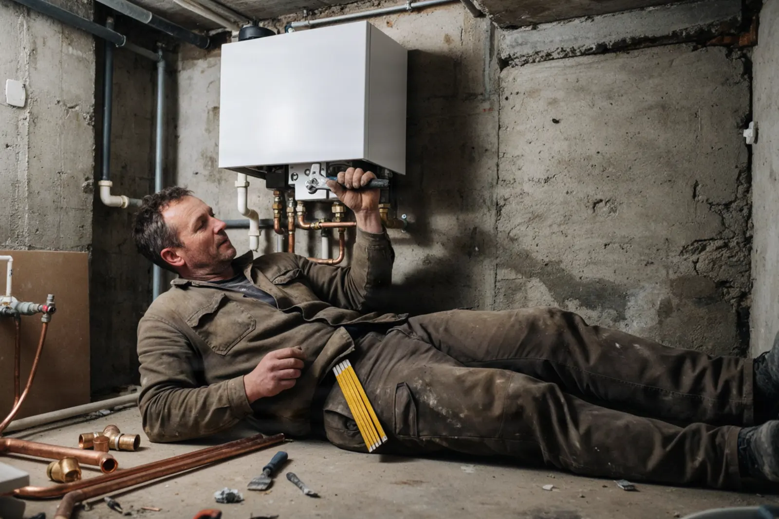 Ein Installateur liegt im engen Heizungsraum unter einer neuen Gastherme und arbeitet an den Kupferrohren.